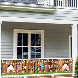 Bigqin Easter Banner Decoration, Happy Easter Party Banner, Rabbit Easter Eggs Background Banner for Party, Easter Wall Garden Outdoor Decorations Accessories, 300 x 50 cm