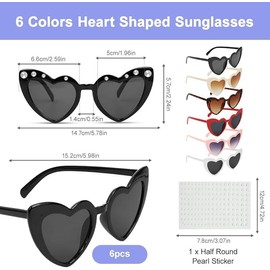 6 Pieces Heart Sunglasses Heart Shaped Glasses for Women Bridal Shower Glasses with Pearl Stickers Holiday Party Wedding Props for Photo Colorful