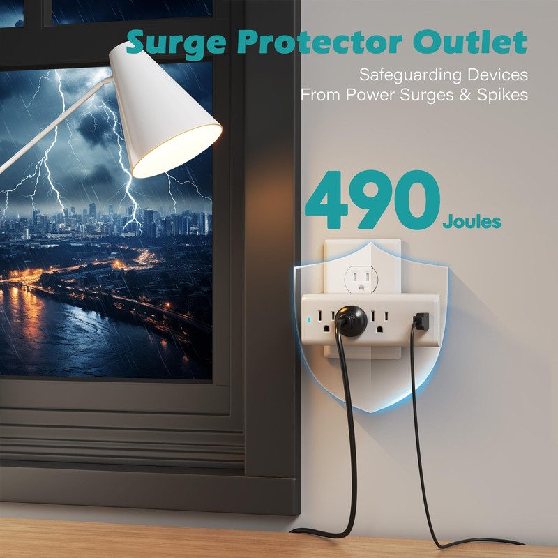 Surge Protector Outlet Extender Wall Tap Adapter, 3 AC Multi-Outlet