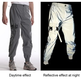 LZLRUN Men Rave Reflective Pants Breathable Zipper Fluorescent Trousers Casual Harajuku Night Sporting Jogger (L, Silver)