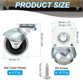PATIKIL 2 Inch Ball Caster Wheels, 4 Pack 360° Rotating Swivel Top Plate Wheels Total Capacity 397 lbs Caster with M4 Screws for Furniture Table Cabinet