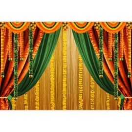 Leowefowa 10x8ft Vinyl Indian Pooja Backdrop Decoration for Photography Puja Hindu Mehndi Festival Background Ganpati Pooja Backdrop for Bridal Shower Wedding Party Marigold Garlands Photo Props