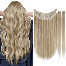 Wire Hair Extensions, Ugeat 14 inch Highlight Blonde Hair Extensioins Fish Line Human Hair Color Golden Blonde Mixed with Blonde Hair Extensions 80G and 2 Pieces Clip in Hair Extensions