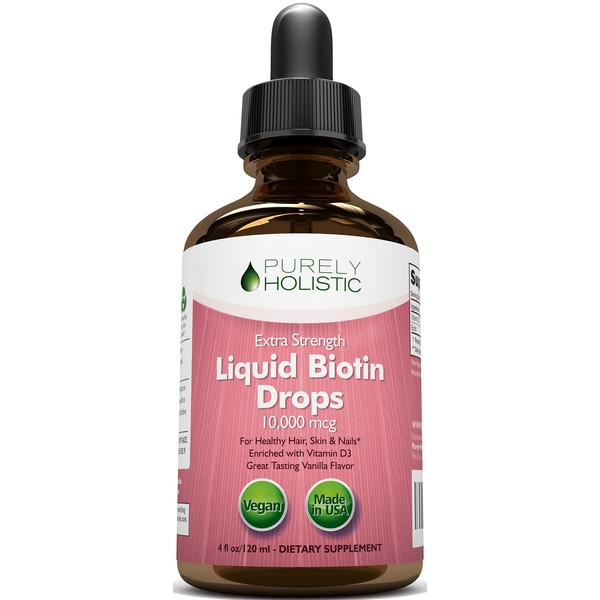 Purely Holistic Biotin Liquid Drops 10,000mcg, Double Sized, 120 Servings, 4oz, 4 Month Supply, with Vitamin D3 to Support Strong Nails, Radiant Skin & Healthy Hair Growth