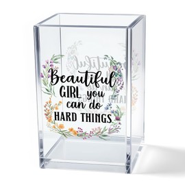 Vgrti Beautiful Girl You Can Do Hard Things Acrylic Makeup Brush Organizer Holder, Inspirational Desk Acrylic Brushes Storage, Daughter Graduation Gifts, Cheer Up Gifts for Women Daughter Makeup Lover
