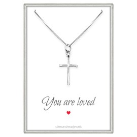 Tiny 925 Sterling Silver Cross Necklace for Women and Teen Girls You Are Loved Baptism First Communion Gift Necklace for Daughter Niece Goddaughter From Godmother (18 inches)