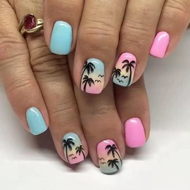 Summer Press on Nails Short Square Fake Nails Pink Blue False Nails with Coconut Tree Design Glue on Nails Ombre Acrylic Nails Cute Full Cover Stick on Nails for Women Manicure 24Pcs