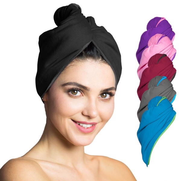 Fit-Flip Microfibre Hair Turban Set – 2 Pieces, Absorbent and Quick-Drying – Special Turban Towel and Hair Towel (Black)