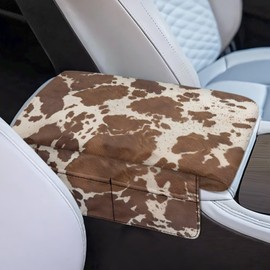 Dreaweet Brown Cow Print Center Console Cover with Pockets Thick Arm Rest Pad for Car Truck SUV Van Soft Comfortable Car Armrest Cover Center Console Cushion Pad