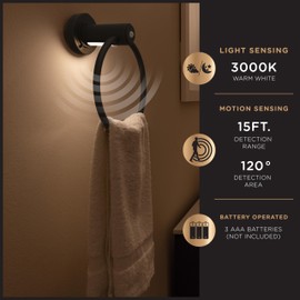 Enbrighten Towel Ring, Motion Sensing, Night Light, Battery Operated, Hand Towel Holder/Hanger for Bathroom, Kitchen, Matte Black, 79181