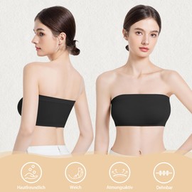 ONEW Seamless Bandeau Bra Women's Strapless Bustier Top Without Underwire Shoulderless Bra Tube Top with Transparent Straps, black, L