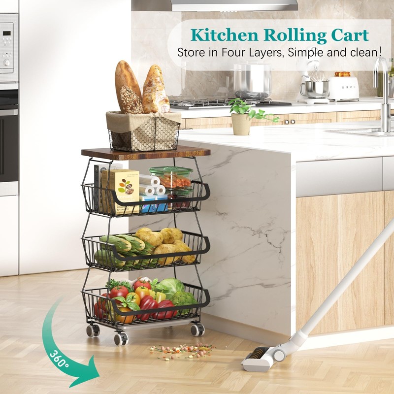 CHLORYARD Fruit Basket with Wooden Lid for Kitchen, 4-Tier Stackable