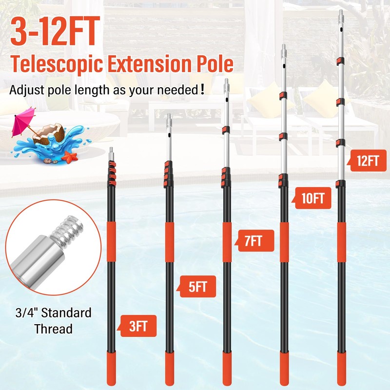 ACTREY Telescopic Pool Pole,12FT Extendable Pool Pole,Heavy Duty Aluminum Telescoping