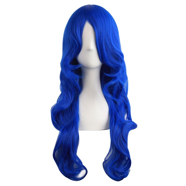 MapofBeauty 24 Inch/60cm Charming Synthetic Long Wavy Side Bangs Women Party Anime Cosplay Wig (Navy Blue)