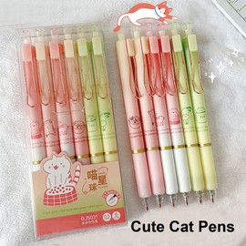 MOZXIRZ 6 Pcs Cute Retractable Pens Gel Ink Pens Cartoon Cat Pen 0.5mm Black Ink Kawaii Writing Pen for Women Girls Boys Men Office School Supplies (6Pcs Cat)