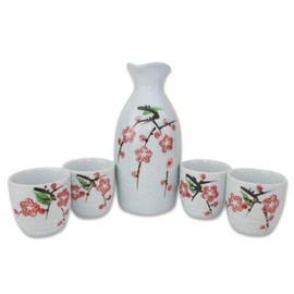 5 Pcs Japanese Porcelain Bamboo Sake Set 1 Bottle &4 cups Snowflake Painted Carafe/House warming/Gift/Birthday Gift/Japanese/Wine Glass/Kitchen/Asian (Sakura)
