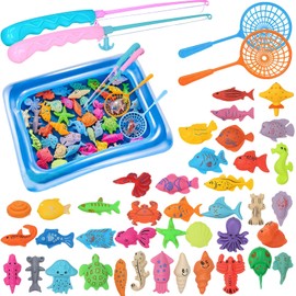 56 Pieces of Magnetic Fishing Game, Fish Game for Kids, 50 Three-Dimensional, 2 Telescopic Rod, 2 Long Net Scoop,1 Large Square Pool Suitable for Kids Toddlers 3-8 Outdoor Toys