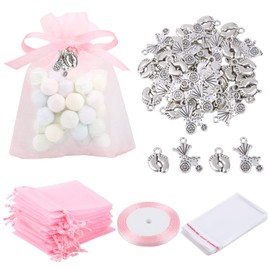 50 Sets Christening Decoration Girls Cute Miniature Pendant Metal with Pink Organza Bag and Plastic Bags for Christening Decoration Gift Wrapping Party Favours Children's Birthday Girls etc.