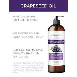 Aceite 100% orgánico GRAPESEED de Velona | Aceite natural para cocinar y cuidar la piel, el cabello y la cara | Carrier, refinado, prensado en frío | Tamaño: 2, 4, 8, 16, 24, 32, 64 oz y 7 lb, 473,18ml