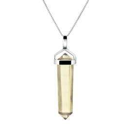 Franki Baker Natural Lemon Quartz Gemstone & Sterling Silver Double Point Pendant Necklace. Pendant Length: 4cm. Chain Length: 50cm