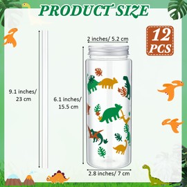 Skylety 12 Set 14 oz Dinosaur Themed Plastic Cup with Straw and Lid Cute Disposable Cups Bulk Dino Party Favors Drinking Mason Jars Tumbler for Birthday Supplies Juice Beverage Smoothie(Green Yellow)