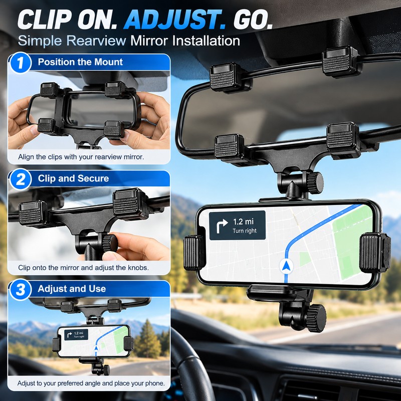 Rearview Mirror Phone Holder for Car, Adjustable Navigation Phone Mount