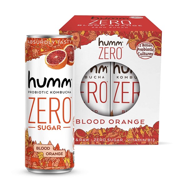 Humm Probiotic Kombucha Zero Sugar Blood Orange - No Refrigeration Needed, Keto-Friendly, Organic, Vegan, Gluten-Free - 11oz Cans (4 Pack)