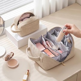 MAGEFY 2PCS Cosmetiquera para Maquillaje, Bolsa de Maquillaje de Pana con Asa, Juego de Tamaño Grande y Pequeño para Mujer, Estuche Expandible para Vi