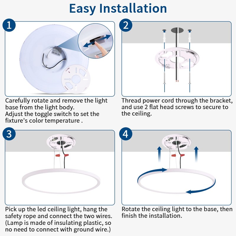 Glowall 12'' Led Flush Mount Ceiling Light Fixture, 24W 2400LM,