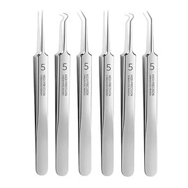 6Pcs Silver Professional Blackhead Tweezer Professional Facial Blackhead Remover Tweezers Precision Extractor Acne Removal Kit Pimple Popper Tool Skin Care Tools Accessories