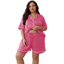 Givtzzod Women Plus Size Pajamas Button Down Short Sleeve Top & Shorts Lounge Sets Outfit Summer Soft Pj Bride Sleepwear XL to 5X Nighty, Rose, 5X