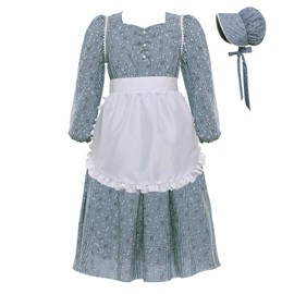 Mikan Tsumiki Pioneer Costume Colonial Dresses Girls Prairie Floral Pilgrim Dress Long Sleeve with Apron and Bonet, Navy Plaid, Small