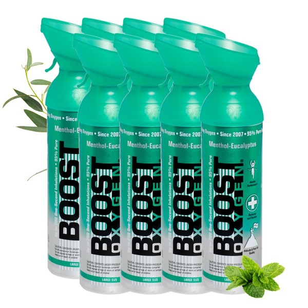 Boost Oxygen Oxygen tab for on the go with 95% oxygen, 72 L, 8 x 9 L oxygen can with oxygen mask for more than 1200 inhalations, mobile oxygen inhaler (menthol-eucalyptus flavour)