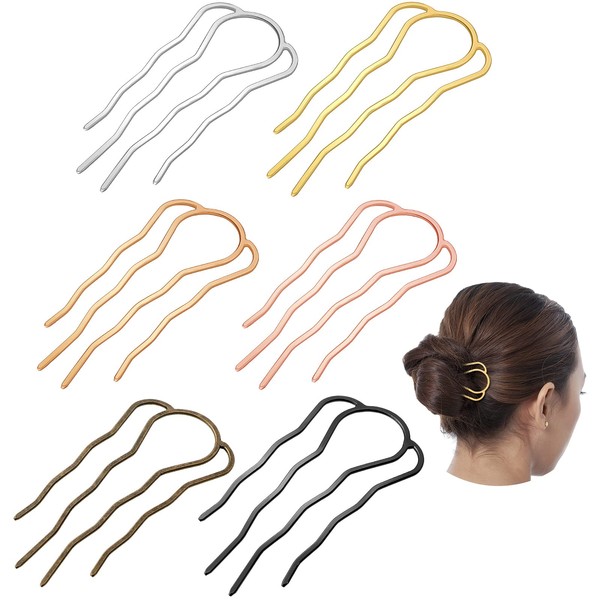 6 Pieces 87 mm Hair Fork Clip Stick Hair Side Comb Hairpin Hair Bun Updo Hair Sticks Alloy 4 Prong Bun Hair Pins Clips Grips for Women Hair Styling Tool Accessories (Assorted Color)