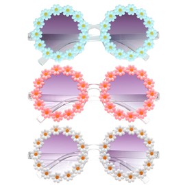Topbuti Girls Round Daisy Flower Sunglasses Flower Shaped Cute Glasses UV 400 Protection Outdoor Beach Eyewear Girl Boy Gifts (3, White Pink Blue)