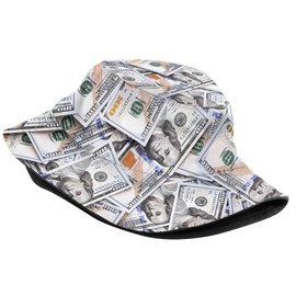 Novelty Dollar Money Pattern Bucket Hat Packable Breathable Sun Hats for Women Men Teens Unisex Summer Travel Beach Fisherman Cap