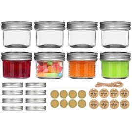 Small Mason Jars With Lids, 4 oz Mini Mason jars 8 Pack, Canning Jars With 8 Split-Type Lids And EXTRA 8 One Piece Lids For Dessert, Honey, DIY Candle