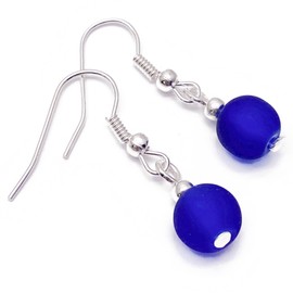 Frosted Royal BLUE Glass Bead Earrings - 8mm Matte Round Beads on Nickel Free Hooks : 32mm