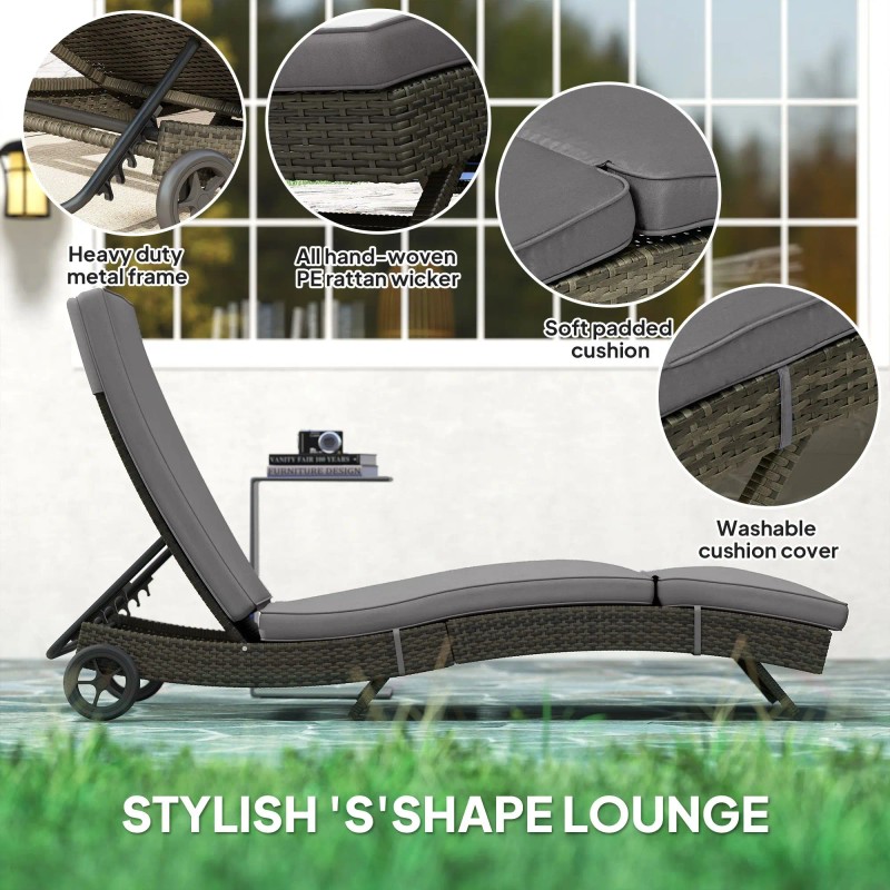 Patio Outdoor PE Rattan Sun Lounger Adjustable Backrest Wicker Chaise