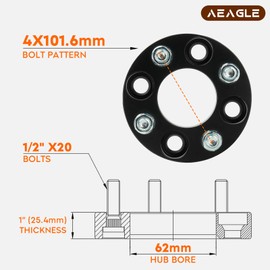 AEagle 4x101.6mm Hubcentric Wheel Adapters 1" for Golf Cart EZ GO Club Car, 4x4 Forged 4 Lug Wheel Spacers with 1/2" x20 Studs 62mm Bore 4PCS