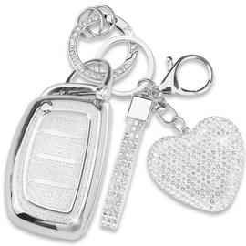Simocky Compatible with Hyundai Key Fob Cover with Diamond Keychain, Compatible with Elantra Ioniq Sonata Tucson Elantra GT Smart Remote Key Protector for Women (4 Buttons-Silver Heart)