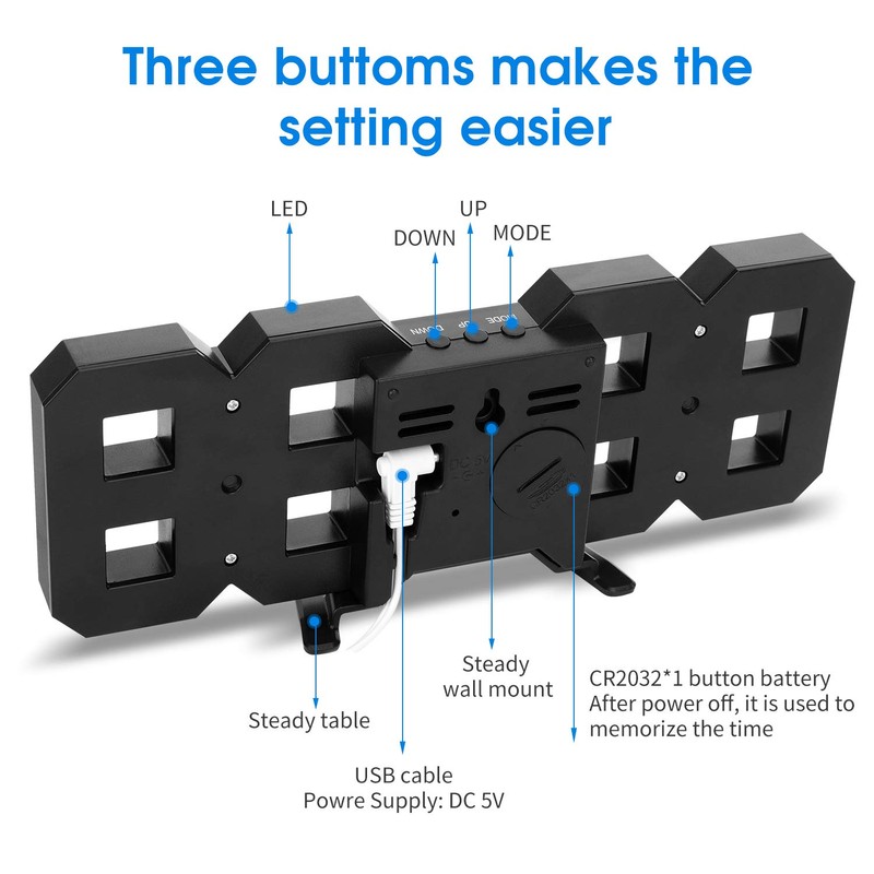 CENTOLLA 3D LED Digital Alarm Clock Wall Clock with 3