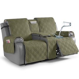 TAOCOCO Loveseat Recliner Cover with Center Console, 100% Waterproof Pet Cover for Dual Recliner with Straps Design, Split Reclining Loveseat Covers Furniture Pet&Kids Protector (2 Seater, Green)