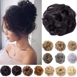 Messy Hair Bun Synthetic Extension Scrunchy Donut Curly Wavy Updo Elastic Scrunchie Thick Full Wedding Hair Pieces Bridal Hairpiece Easy Bun Updos Chignon for Women Kids Dark Brown