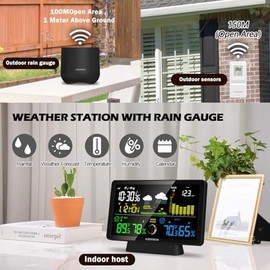Weather Station with Rain Gauge, Home Weather Stations Wireless Indoor Outdoor with Rain Gauge, Thermometer, Barometric Pressure, Humidity Monitor, At