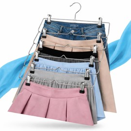 USTECH 6 Tier Skirt Hangers with Clips | Space Saver Closet Organizer | Rust-Free Stainless Steel Pant Hangers for Pants, Shorts, Skirts | Multi Hangars Space Saving | 5 Pack