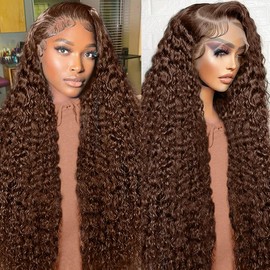 Chocolate Brown Lace Front Wigs Human Hair 13x6 HD Deep Wave 200 Density Deep Curly Lace Frontal Glueless wigs for black women Pre Plucked with Baby Hair Natural Hairline (Chocolate Brown, 32inch)
