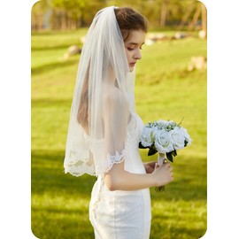 BEAUTELICATE Wedding Bridal Veil Flower Lace 1 Tier with Comb, Elbow Length 28 inches, White