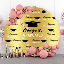 Renaiss 7.2x7.2ft Congrats Graduates Round Backdrop Cover for Photoshoot Boy Girl Man Woman Portrait Golden Black Grad Cap Diploma Circle Photography Background Graduation Party Decor Photo Booth Prop