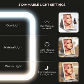 ZEVGANI Travel Makeup Mirror Portable LED Lighted Mirror with Leather Cover, Touch Screen Vanity Mirror 3 Color Lights Dimmable Brightness, USB Rechargeable Foldable Compact Travel Mirror, Beige